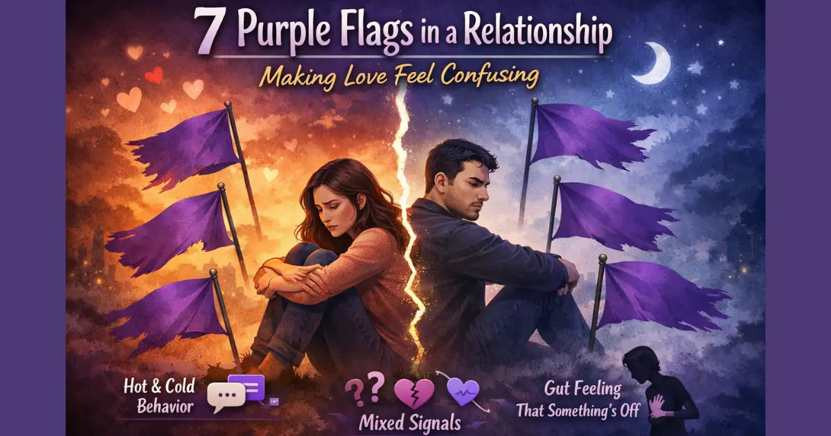 A couple sitting back-to-back with a visible emotional divide and purple flags symbolizing 7 purple flags in a relationship that cause mixed signals and emotional confusion.