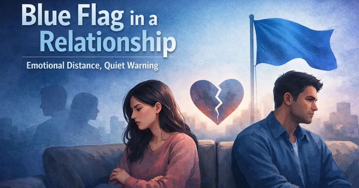 Illustration showing a couple sitting apart with emotional distance, representing blue flag in a relationship meaning and emotional stagnation