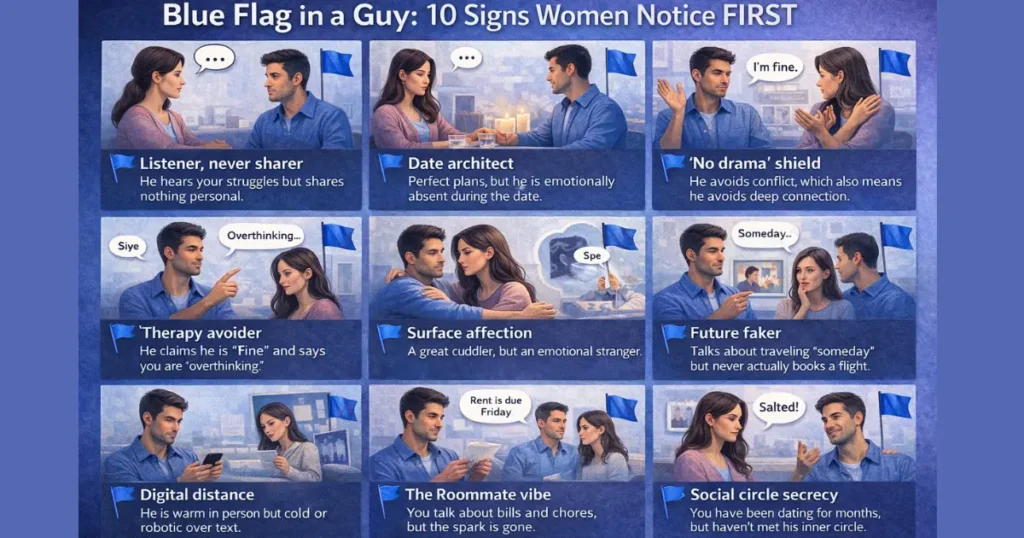 Infographic showing blue flag signs in a guy, including emotional distance, avoidant behavior, and lack of vulnerability in relationships