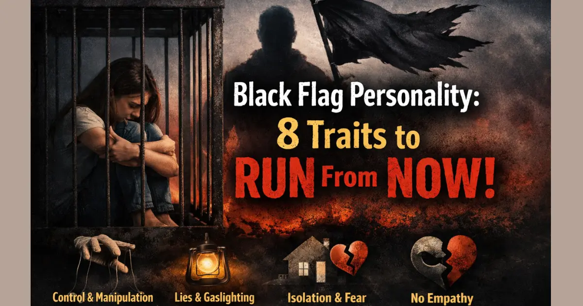 Illustration showing a woman trapped behind bars with a dark black flag symbolizing a black flag personality, highlighting toxic traits like control, manipulation, gaslighting, isolation, and emotional abuse in relationships