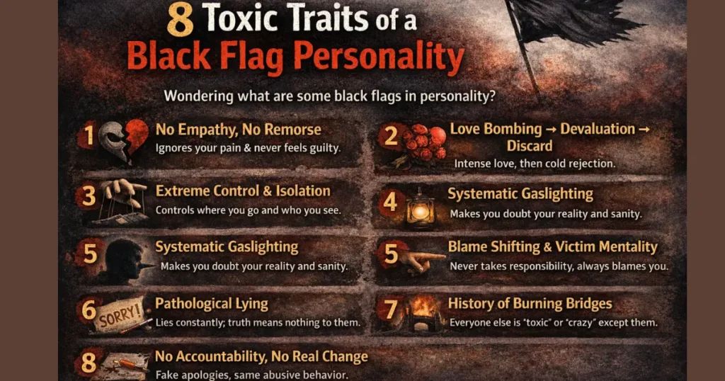 Infographic showing 8 toxic traits of a black flag personality, including no empathy, love bombing, control, gaslighting, blame shifting, pathological lying, isolation, and lack of accountability in relationships.