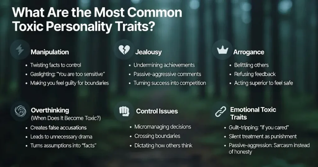 Infographic listing common toxic personality traits such as manipulation, jealousy, arrogance, overthinking, control issues, and emotional toxicity