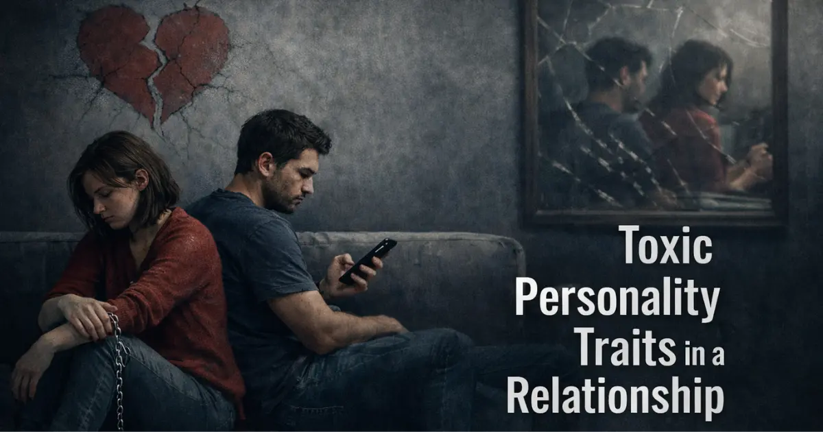 A couple sitting back‑to‑back on a couch, feeling stuck and disconnected, representing toxic personality traits in a relationship.