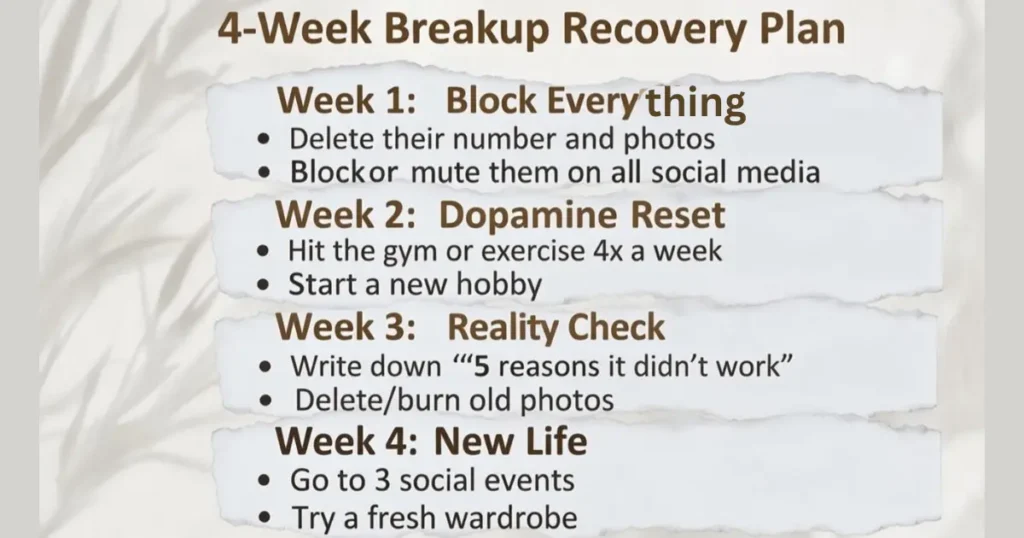 Infographic of a 4-week no-contact plan to forget your ex: Block Everything, Dopamine Reset, Reality Check, and New Life steps