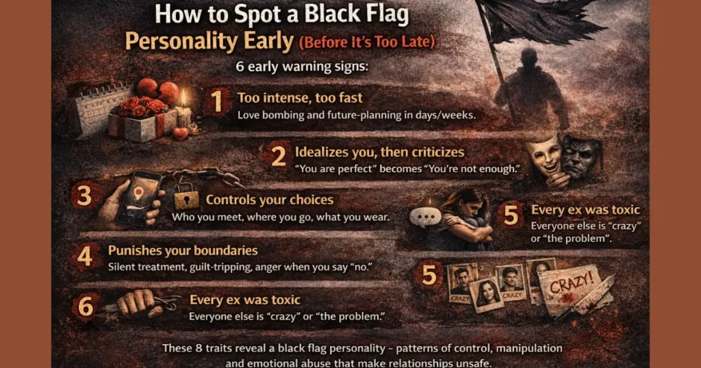 Infographic showing 6 early warning signs of a black flag personality in relationships, including love bombing, extreme control, boundary punishment, constant criticism, blaming exes, and emotional threats
