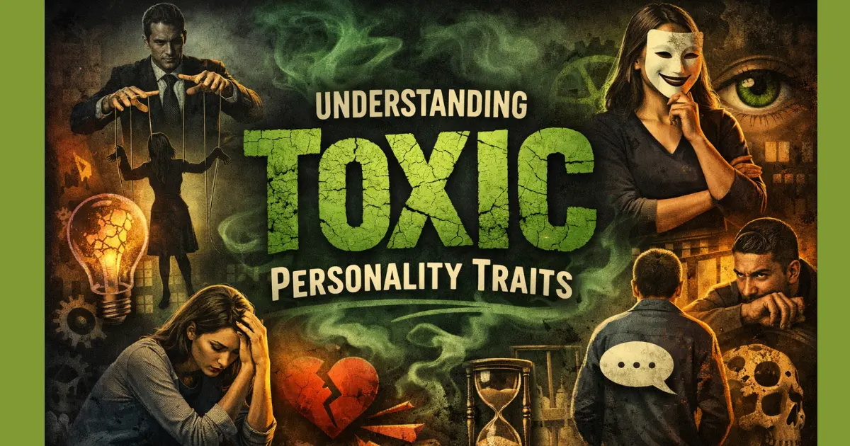 Illustration showing toxic personality traits like manipulation, gaslighting, emotional control, jealousy, and mental exhaustion affecting relationships and mental health