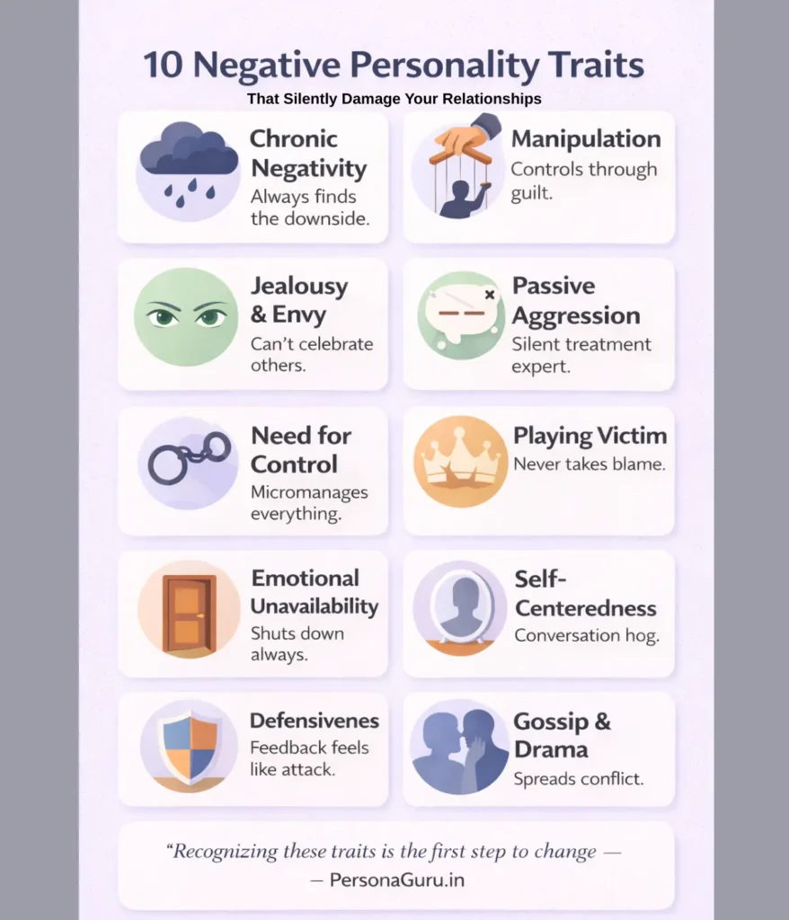 Infographic showing 10 negative personality traits and toxic behaviors
