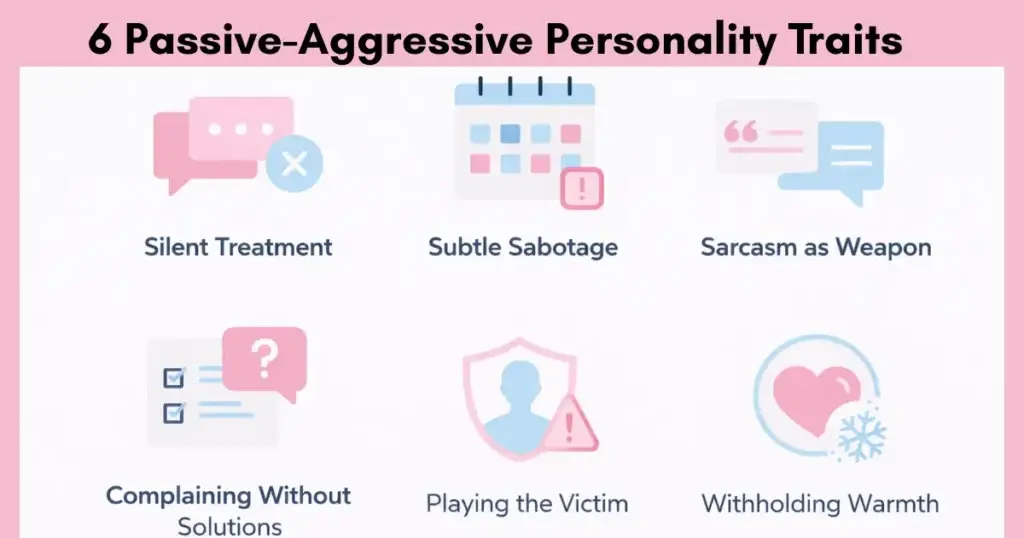 Infographic showing 6 passive-aggressive personality traits and signs of passive aggression