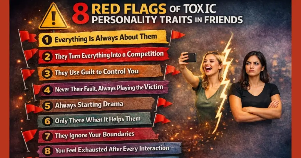 Infographic showing 8 red flags of toxic personality traits in friends including manipulation, competition, drama, and emotional exhaustion.