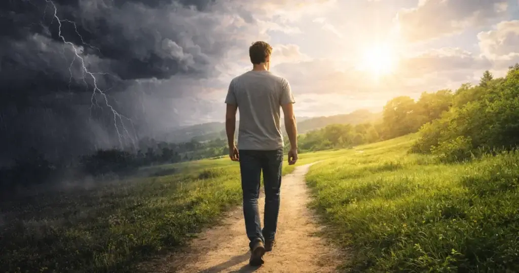 Person walking from darkness to light symbolizing change from toxic traits to personal growth