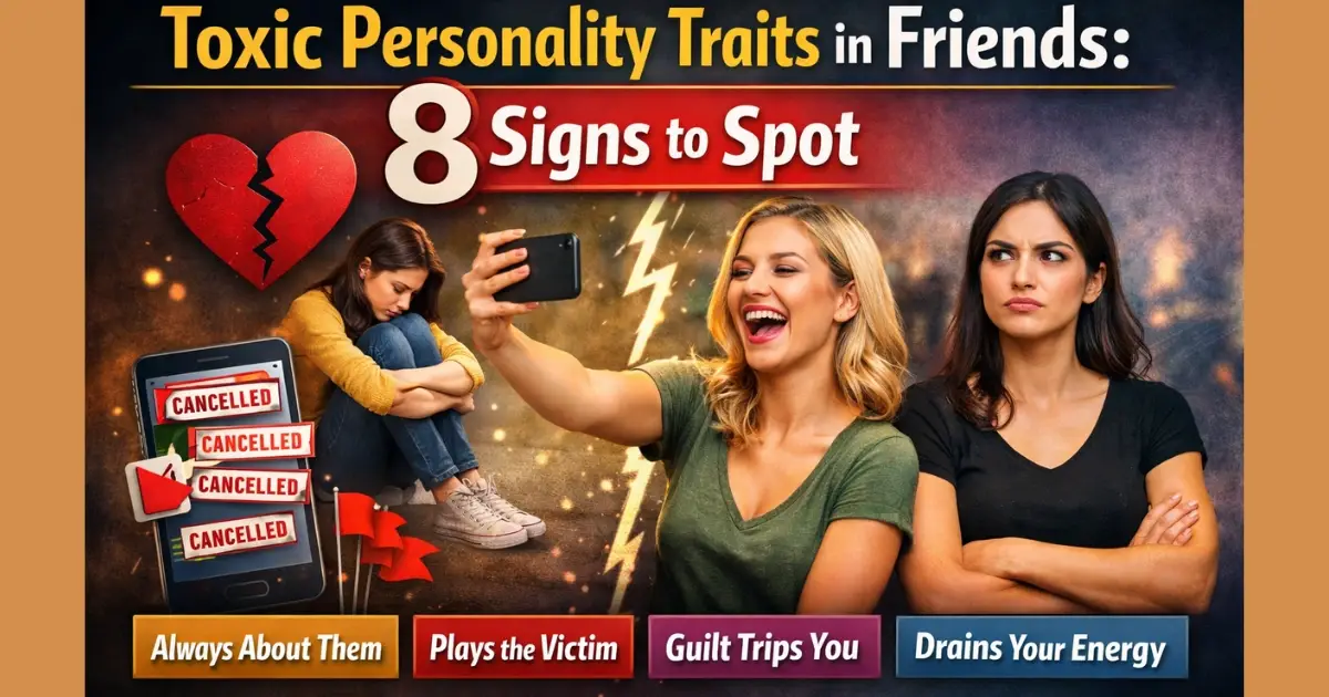 Toxic personality traits in friends showing red flags like manipulation, cancelled plans, and emotional exhaustion.