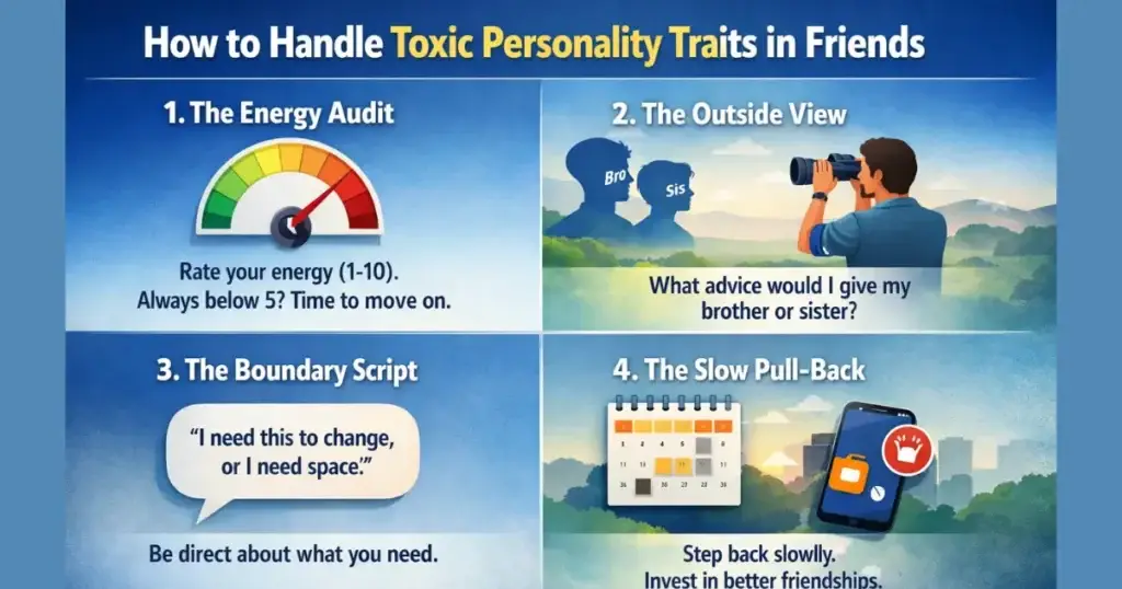 Infographic on handling toxic friends with energy audit, boundaries, outside view, and slow pull-back
