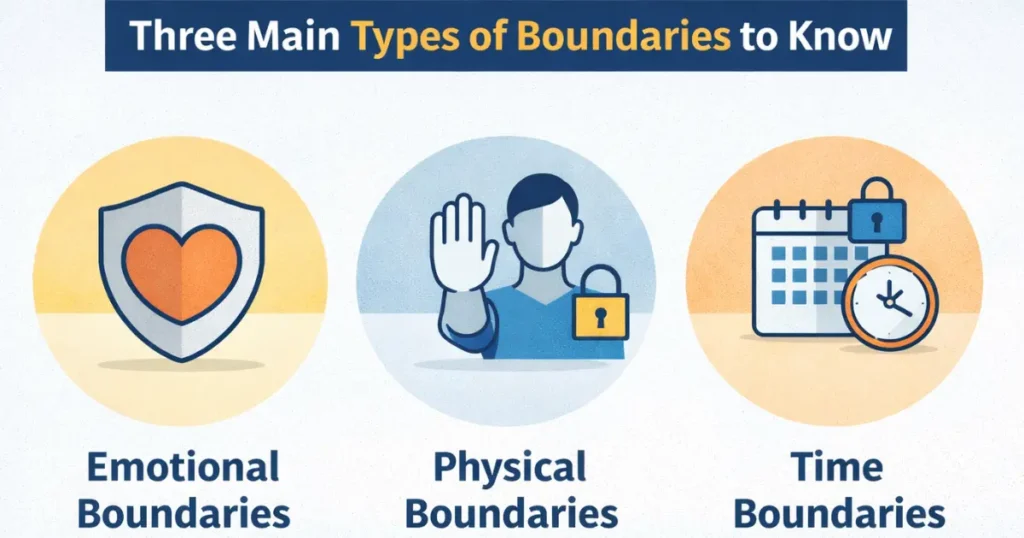 Illustration showing emotional, physical, and time boundaries when setting boundaries with toxic people