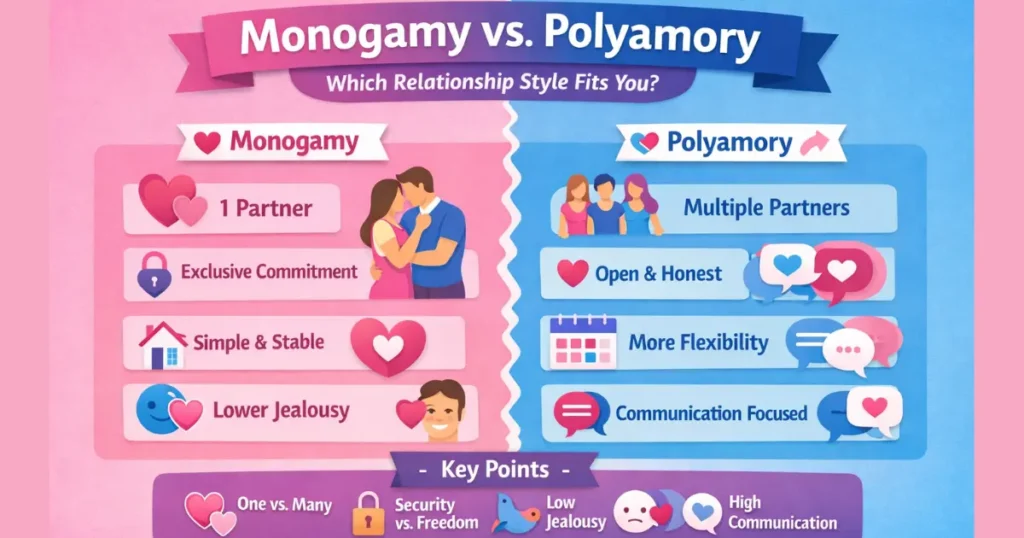 monogamy vs polyamory comparison infographic showing key differences in relationships