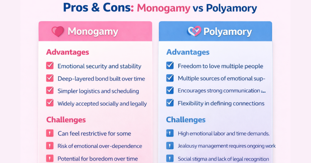 monogamy vs polyamory pros and cons checklist showing advantages and challenges of both relationship styles