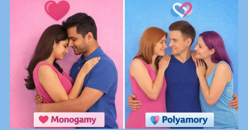 monogamy vs polyamory relationship comparison showing couple vs multiple partners