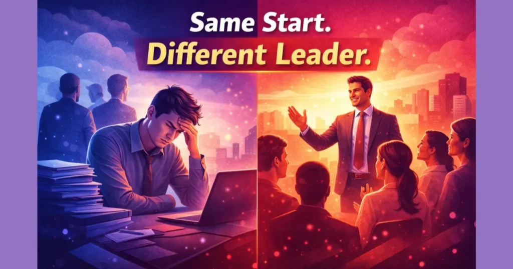 ame start different leader comparison showing stressed employee vs confident leader illustrating how personality development enhances leadership quality