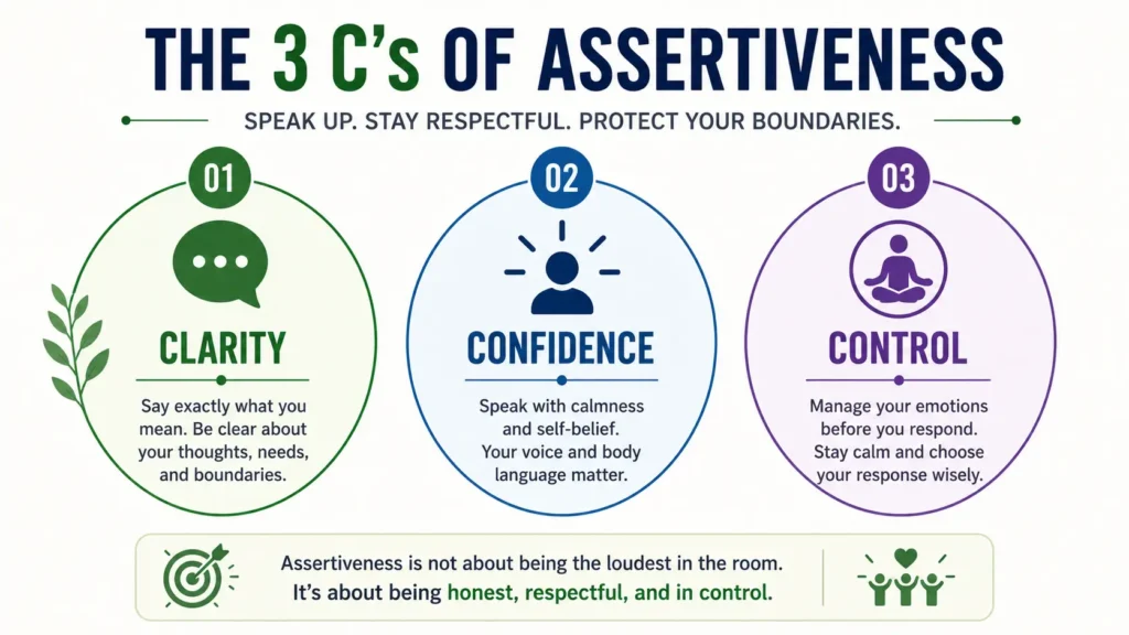 The 3 C's of assertiveness illustrated as clarity, confidence, and control
