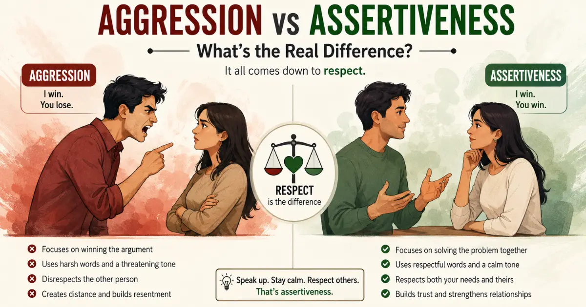 Aggression vs assertiveness comparison showing calm assertive communication versus aggressive confrontation