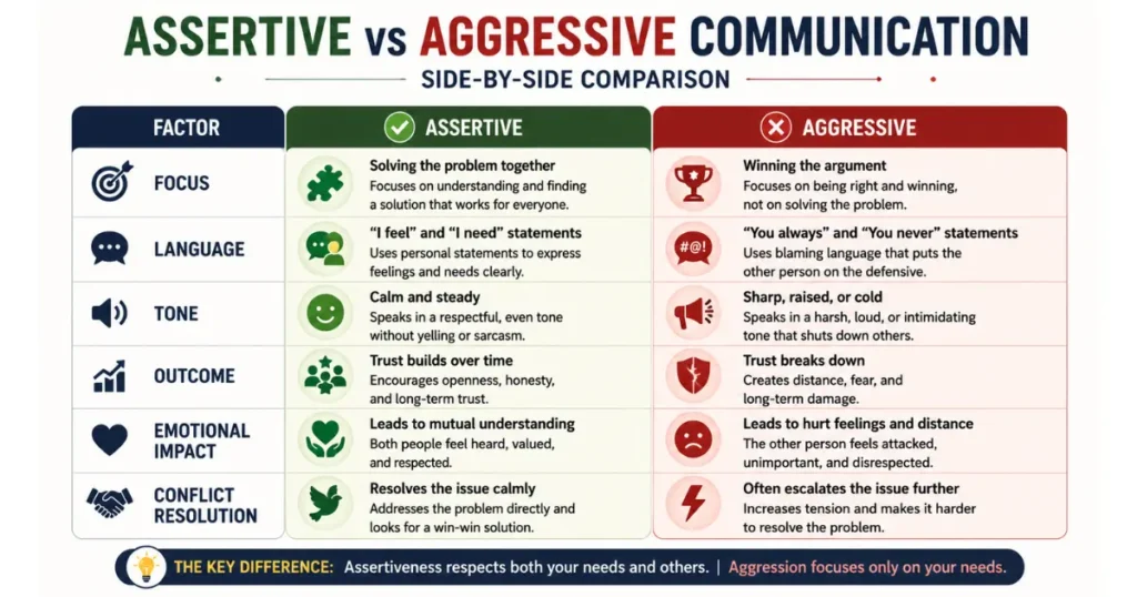 Infographic comparing assertive and aggressive communication styles across focus, language, tone, and outcome