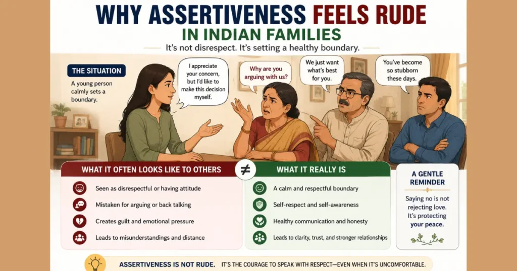 Illustration showing assertive communication being misunderstood as rudeness in Indian family culture
