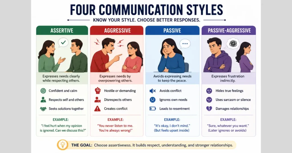 : Four communication styles compared — assertive, aggressive, passive, and passive-aggressive behavior examples