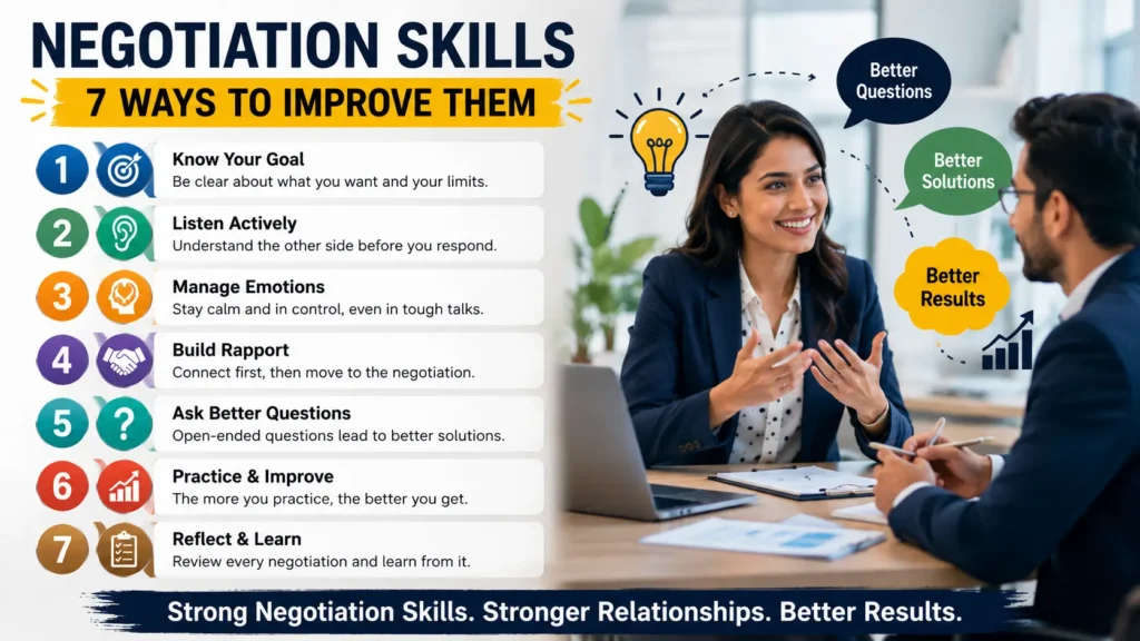 Infographic showing 7 ways to improve your negotiation skills including active listening, emotional intelligence, rapport building, and problem-solving for personality development.