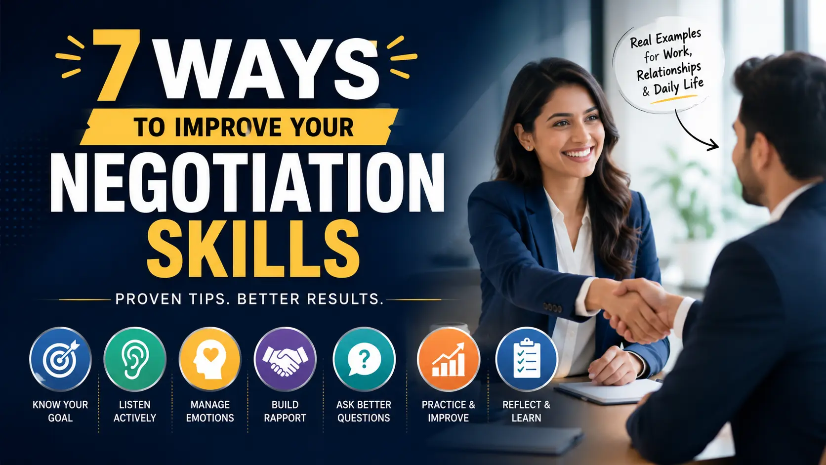 Professional handshake illustrating 7 ways to improve your negotiation skills with real examples for work, relationships, and personality development.