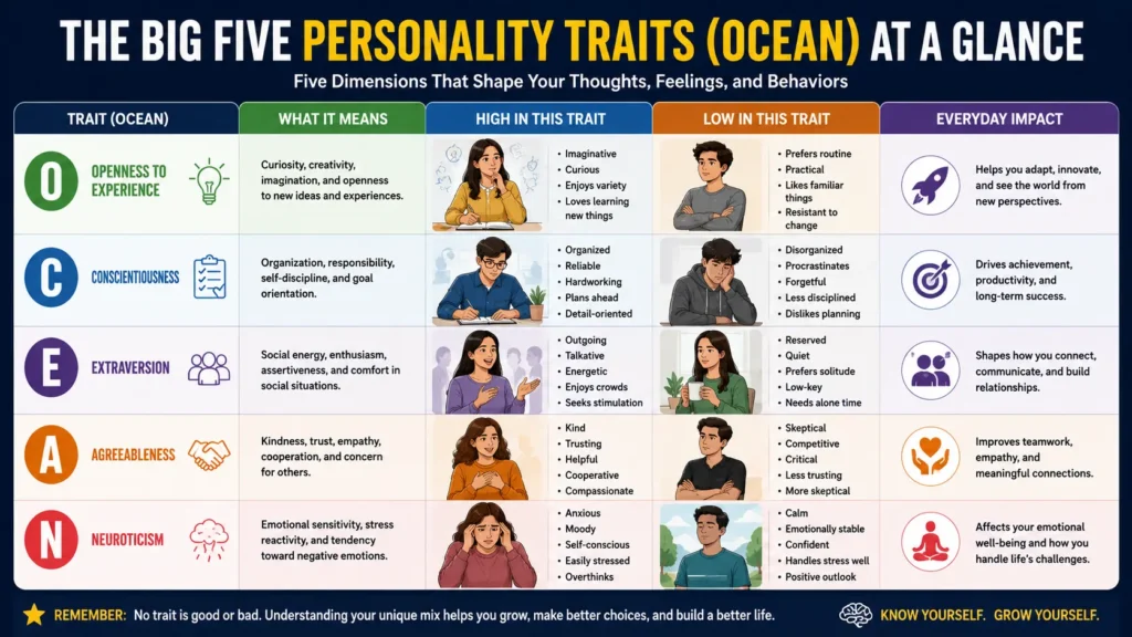 Big Five Personality Traits in Personality Development infographic showing the OCEAN model with Openness, Conscientiousness, Extraversion, Agreeableness, and Neuroticism