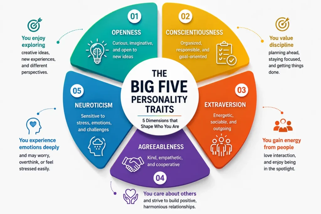 Big Five personality traits wheel showing openness, conscientiousness, extraversion, agreeableness, and neuroticism in personality development.