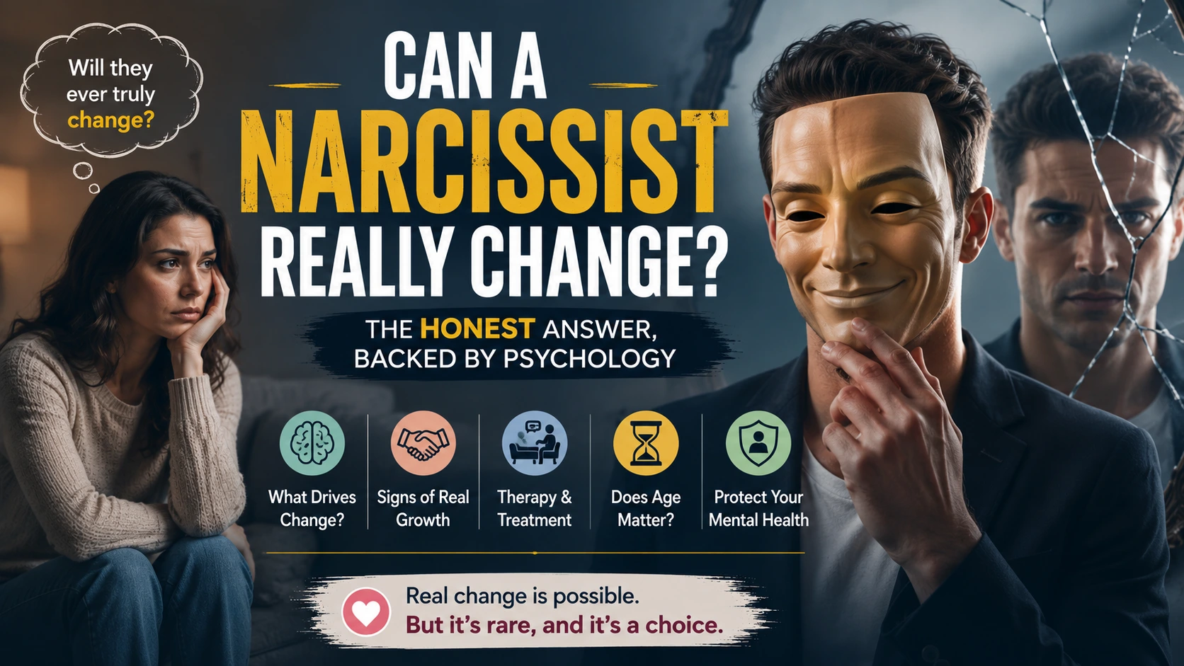 Can a narcissist change illustration showing genuine personal growth versus temporary behavior change in a relationship