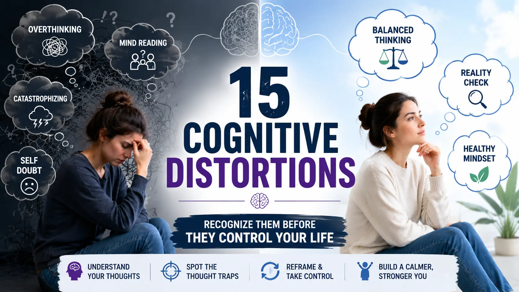 Illustration showing 15 cognitive distortions examples with common thought traps, distorted thinking patterns, and healthy thinking in real-life situations.