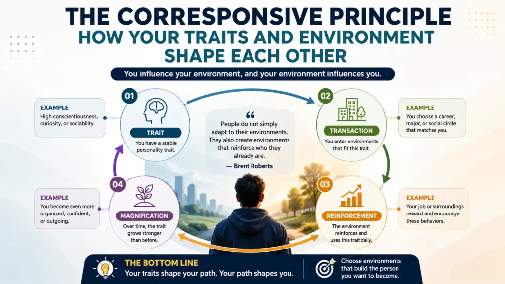 Infographic showing the corresponsive principle in personality development with the four-step cycle of trait, transaction, reinforcement, and magnification.