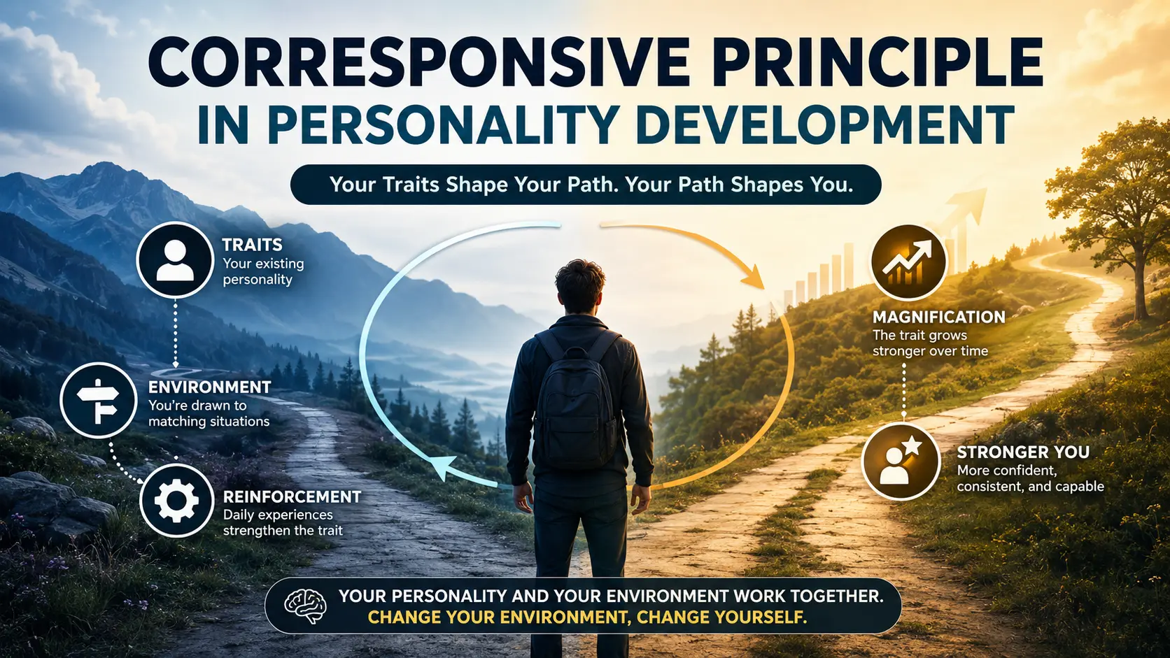 Illustration explaining the corresponsive principle in personality development, showing how personality traits influence environments that reinforce and strengthen those same traits over time.