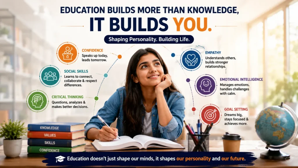 Infographic showing how education shapes personality development by building confidence, communication skills, critical thinking, empathy, emotional intelligence, and goal-setting abilities in students.