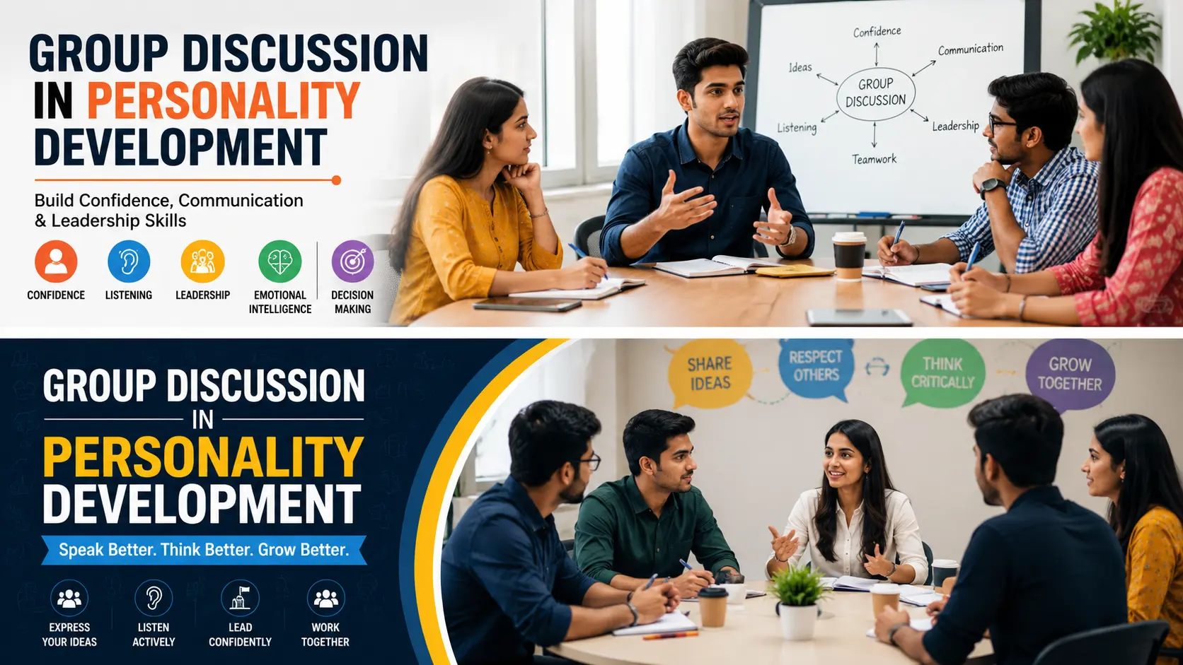 Group discussion in personality development showing students discussing ideas to improve confidence, communication skills, leadership, emotional intelligence, and teamwork
