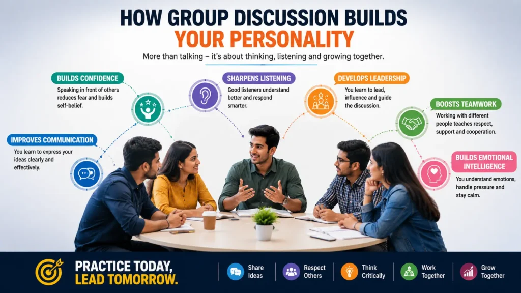 Infographic showing how group discussion in personality development improves confidence, communication skills, leadership, teamwork, emotional intelligence, and critical thinking