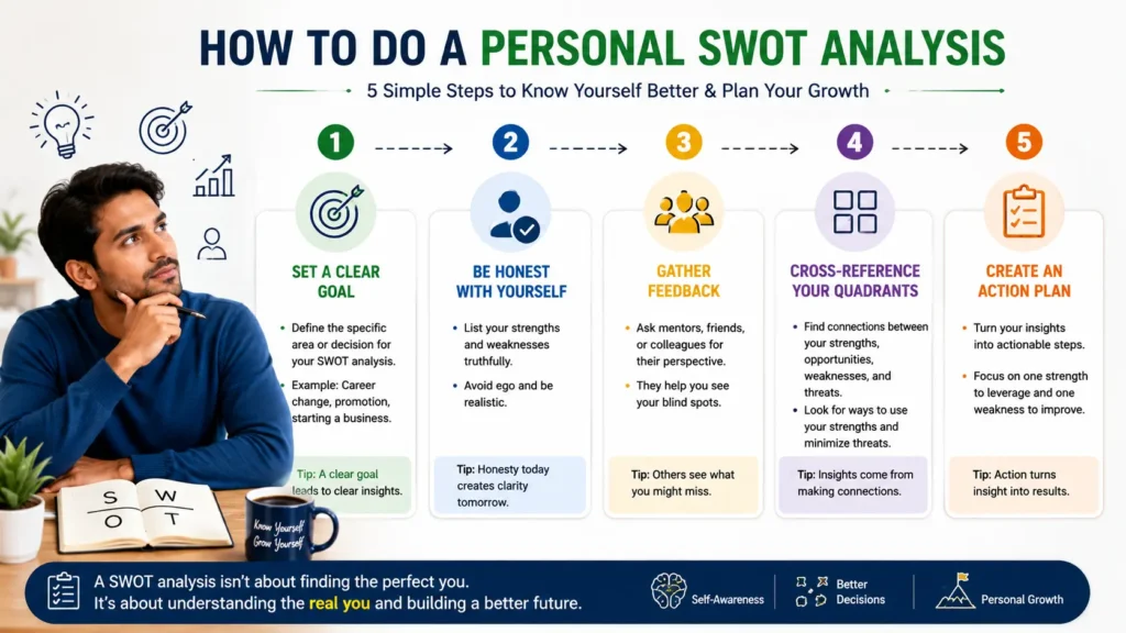 Infographic explaining how to do a personal SWOT analysis in personality development with five simple steps for self assessment and personal growth