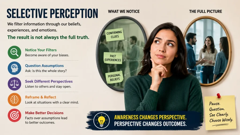 Illustration showing how to overcome selective perception by recognizing cognitive bias, questioning assumptions, and improving decision making