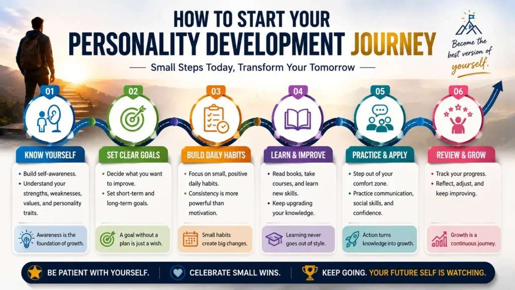 Step-by-step personality development roadmap showing self-awareness, goal setting, daily habits, learning, practice, and continuous growth.