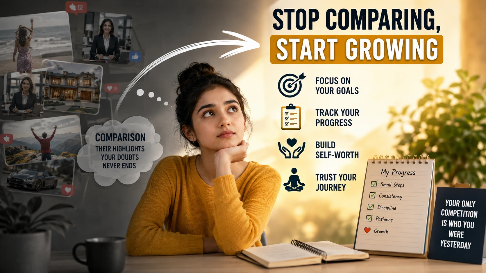 Illustration showing how to stop comparing yourself to others and build self-worth by focusing on personal growth instead of social comparison.