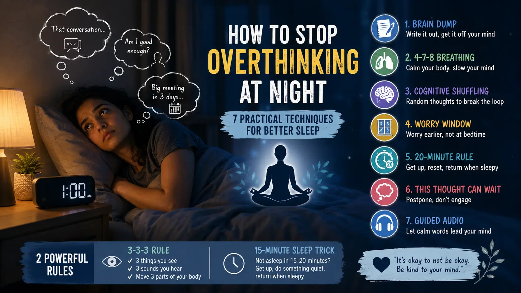How to stop overthinking at night illustration showing a person lying awake in bed at 1 AM under a warm bedside lamp, unable to sleep because of racing thoughts.
