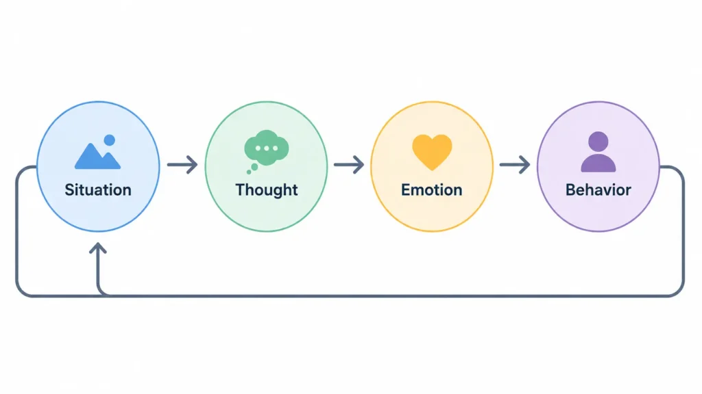 Diagram showing how to stop overthinking at night by breaking the worry-emotion-behavior loop