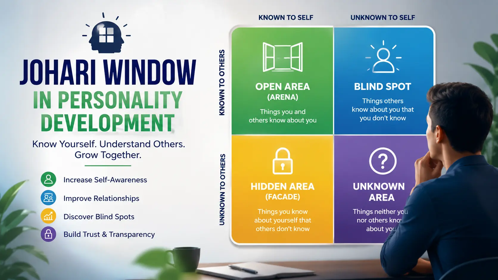 Johari Window in Personality Development diagram showing the four quadrants: Open Area, Blind Spot, Hidden Area, and Unknown Area for improving self-awareness and personal growth.