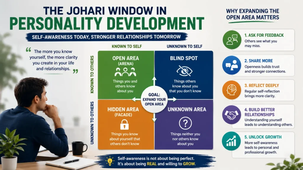 Illustration showing how the Johari Window in Personality Development helps expand the Open Area through feedback, self-awareness, communication, and personal growth.