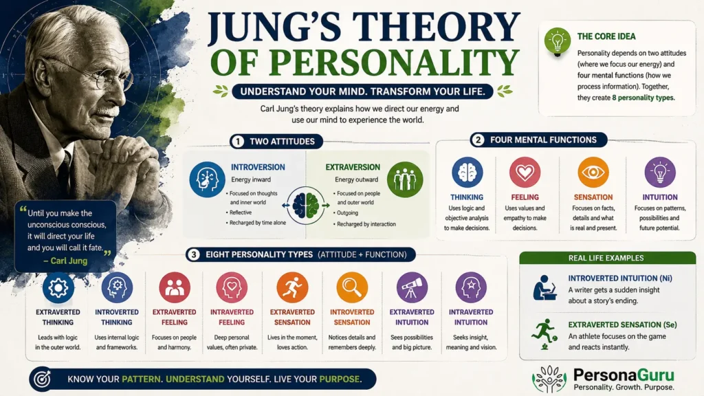 Jung's theory of personality infographic explaining the two attitudes, four psychological functions, and eight personality types with real life examples.