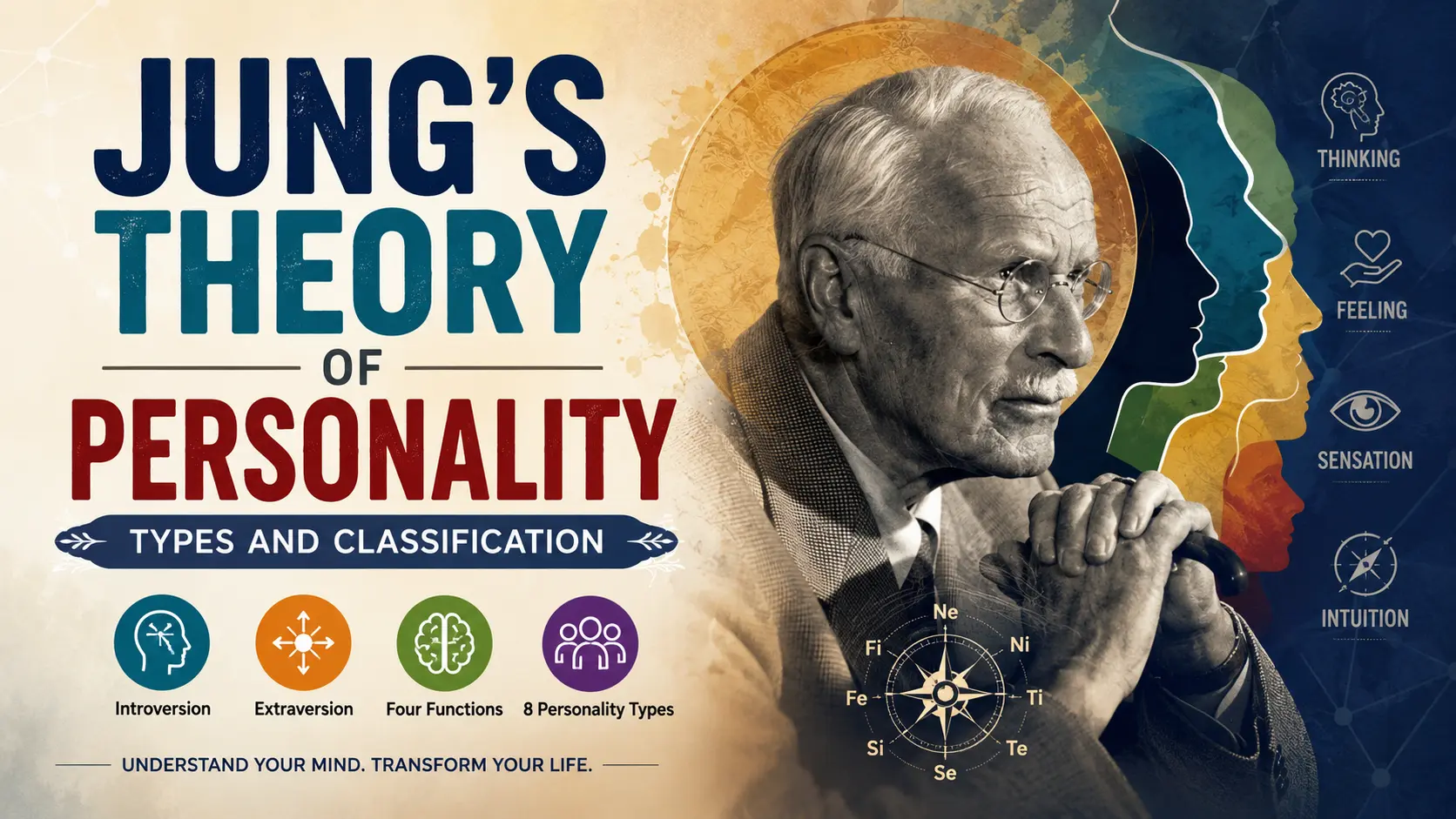Jung's theory of personality infographic explaining introversion, extraversion, the four psychological functions, and eight personality types with Carl Jung illustration.
