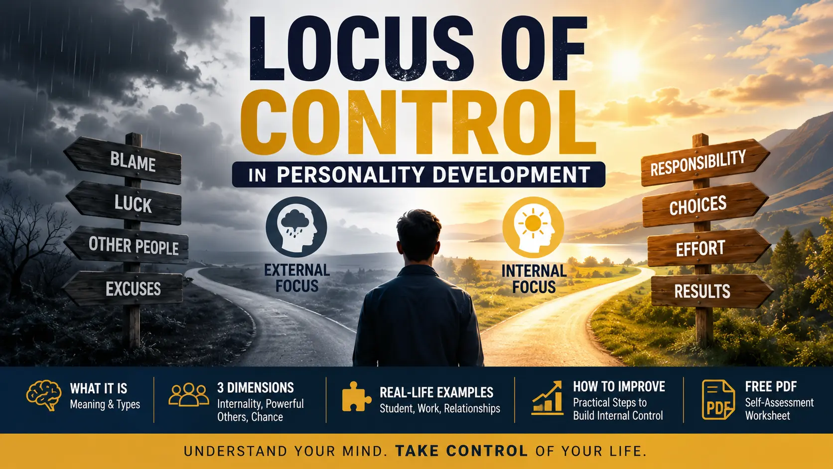 Locus of Control in Personality Development feature image showing internal vs external locus of control, key differences, personality growth, and the three dimensions of locus of control