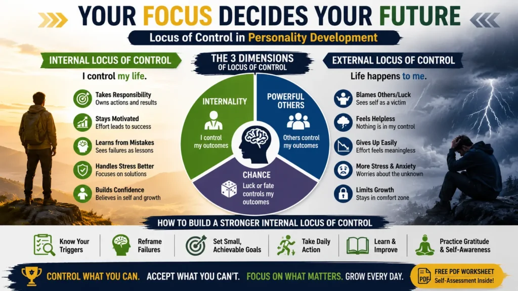 Infographic comparing internal vs external locus of control in personality development with the three dimensions: internality, powerful others, and chance