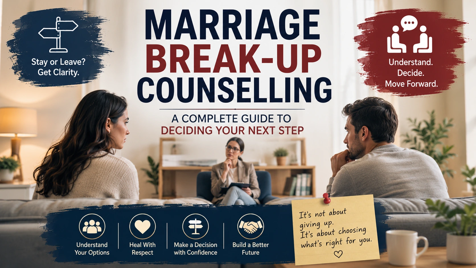 Marriage break-up counselling session helping a couple decide whether to save their marriage or separate with the guidance of a professional counselor